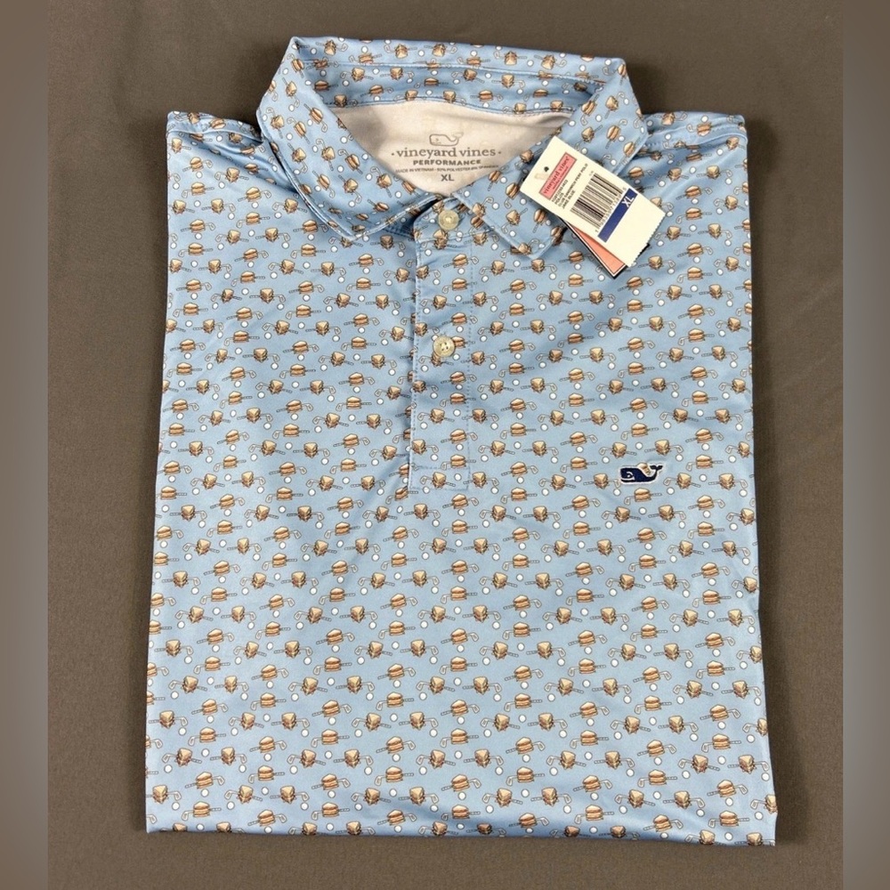 Vineyard Vines Golf Shirt Polo Club Sandwich Print XL Blue Polyester Spandex